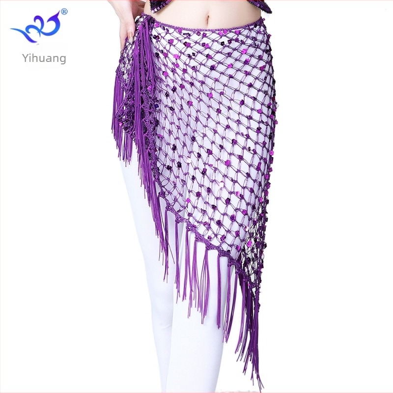 Belly Dance csípő sál rojtokkal és flitterekkel — hálós háromszög alakú deréksál, anyag rayon poliészter és spandex keverék, női modern táncruha