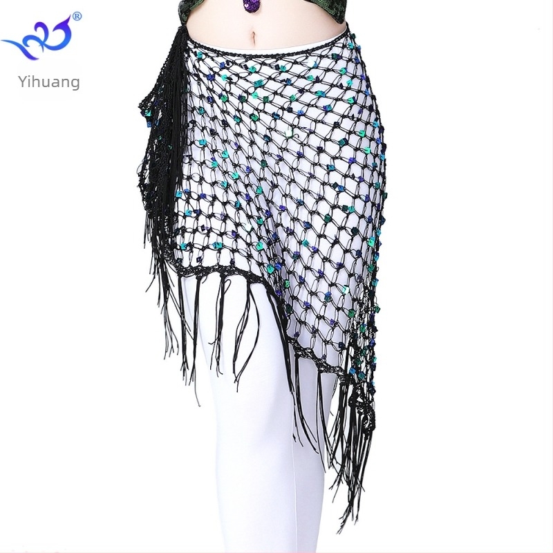 Belly Dance csípő sál rojtokkal és flitterekkel — hálós háromszög alakú deréksál, anyag rayon poliészter és spandex keverék, női modern táncruha