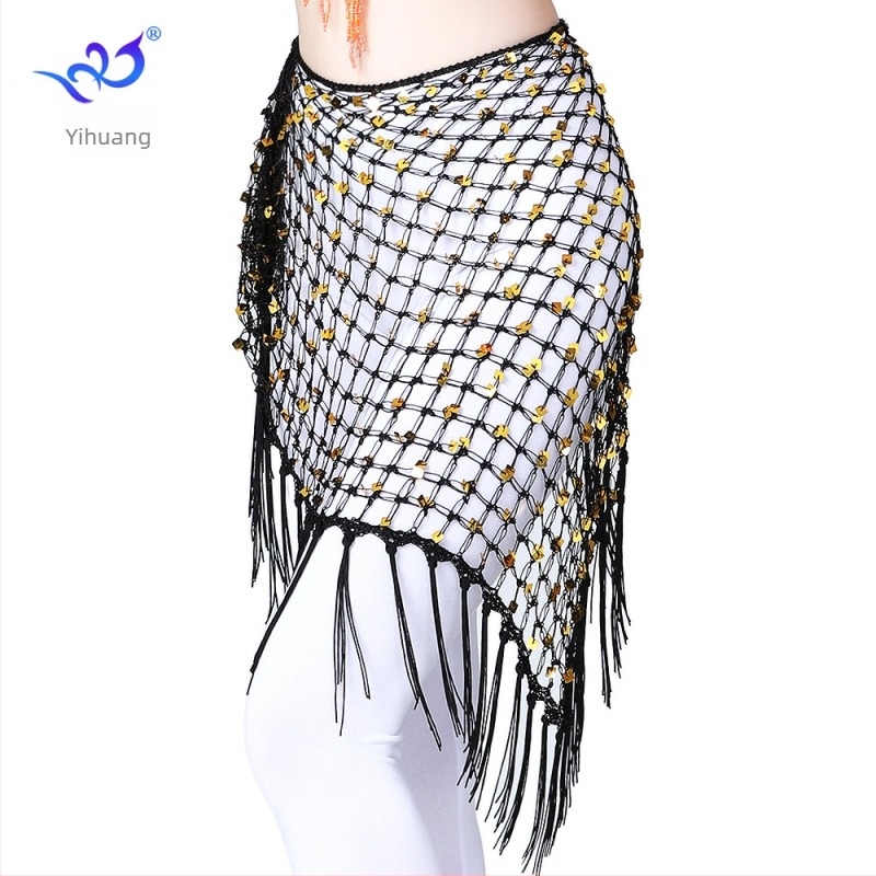 Belly Dance csípő sál rojtokkal és flitterekkel — hálós háromszög alakú deréksál, anyag rayon poliészter és spandex keverék, női modern táncruha