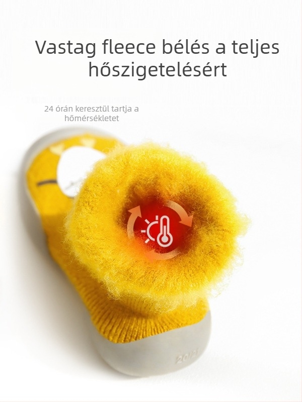 Gyerekeknek padlóra szánt zokni csúszásmentes talppal, akril anyagból, fleece belsővel, vastagított, beltéri és kültéri használatra