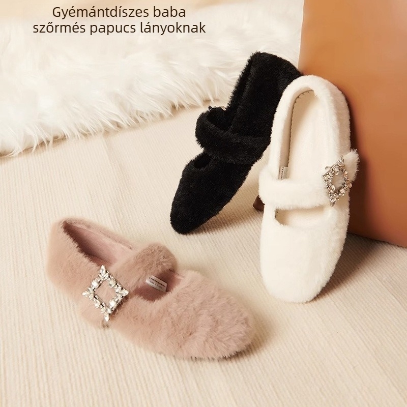 Női velúr lapos talpú cipő plüss béléses, Velcro-zárás, kerek orr, alacsony sarkú