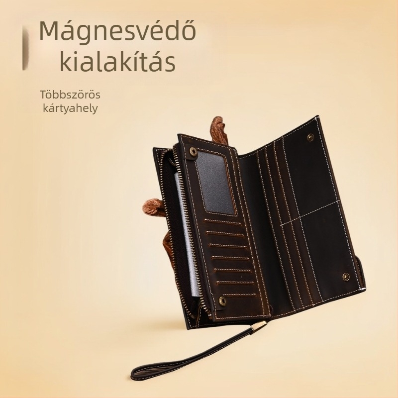 Férfi hosszú pénztárca cipzárral, valódi bőr, felső réteg marhahúrból, több kártyatartó zseb, Artisan Pavilion Leather