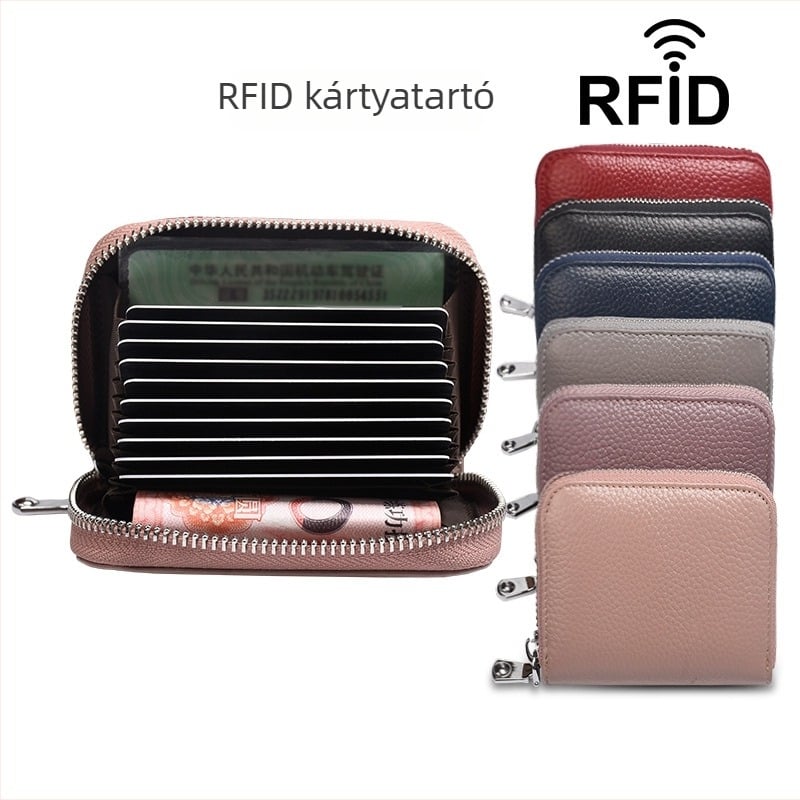 Valódi bőrből készült kártyatartó pénztárca RFID védelemmel, cipzárral, uniszex, többfunkciós
