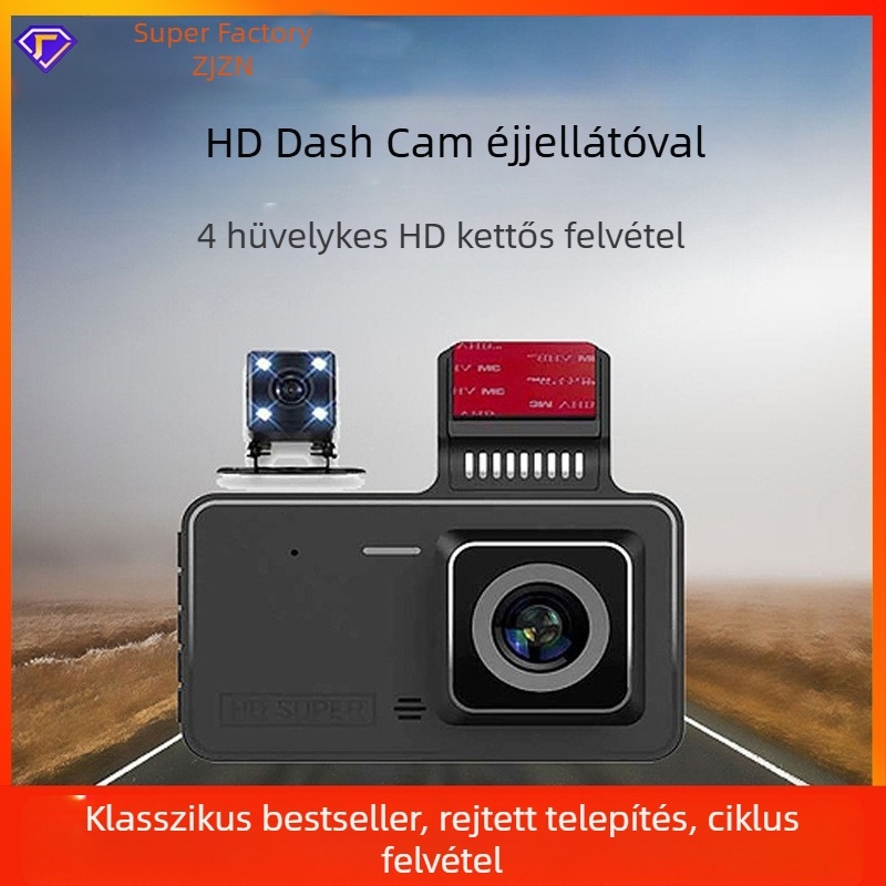 Autóba dash cam elülső és hátsó dupla lencsével, 1080p, 170° látószög, automatikus hurkoló felvétel, TF-kártya 64GB-ig támogatott
