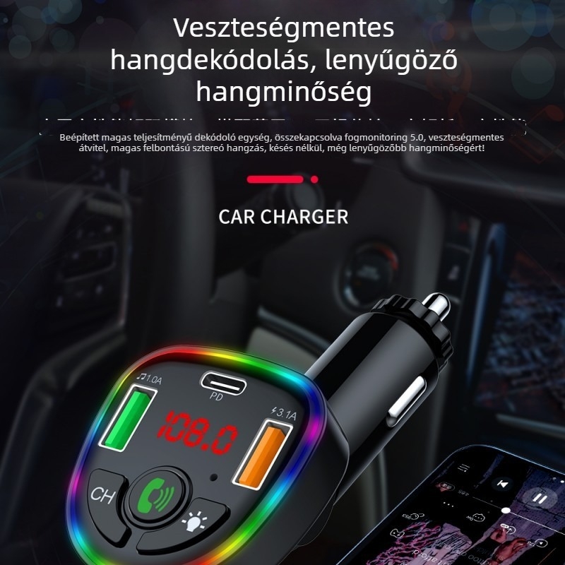 Autó töltő gyors töltéssel és feszültségmérővel, 12V/24V bemenet, FM-adó és Bluetooth MP3 lejátszó