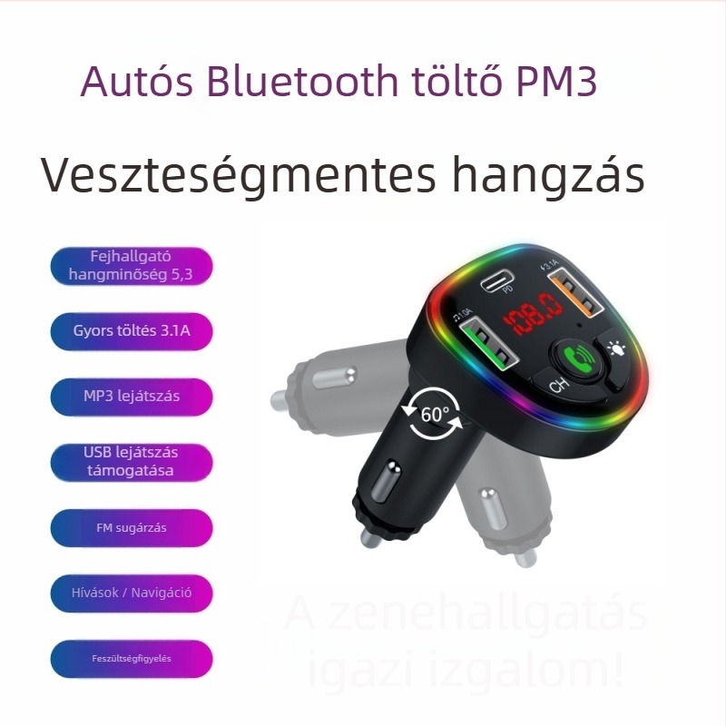 Autó töltő gyors töltéssel és feszültségmérővel, 12V/24V bemenet, FM-adó és Bluetooth MP3 lejátszó