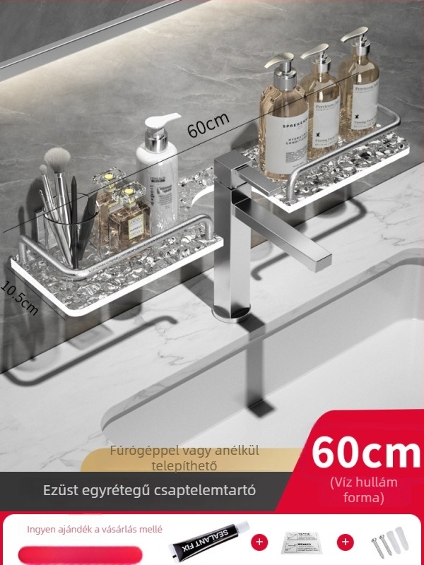 Fürdőszobai tároló alumíniumötvözetből, furatmentes szerelés, homokfújt felülettel, 40 Jin teherbírás, egy polc