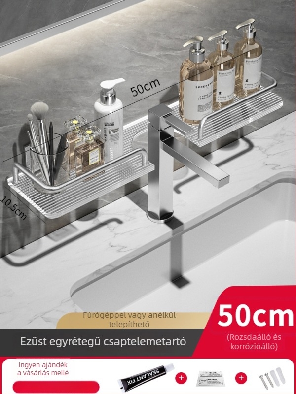 Fürdőszobai tároló alumíniumötvözetből, furatmentes szerelés, homokfújt felülettel, 40 Jin teherbírás, egy polc