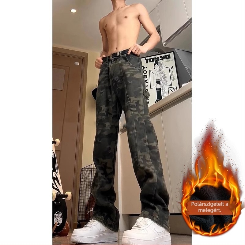 Munkaruha-stílusú farmernadrág mikroflare szabású, cipzárral, középmagasságú derék, pamut denim, kamuflázs minta