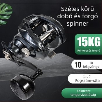 Távolsági dobós horgászorsó, könnycsepp formájú testéssel, nagy damilkapacitás, sós vízálló, fém orsó és alap