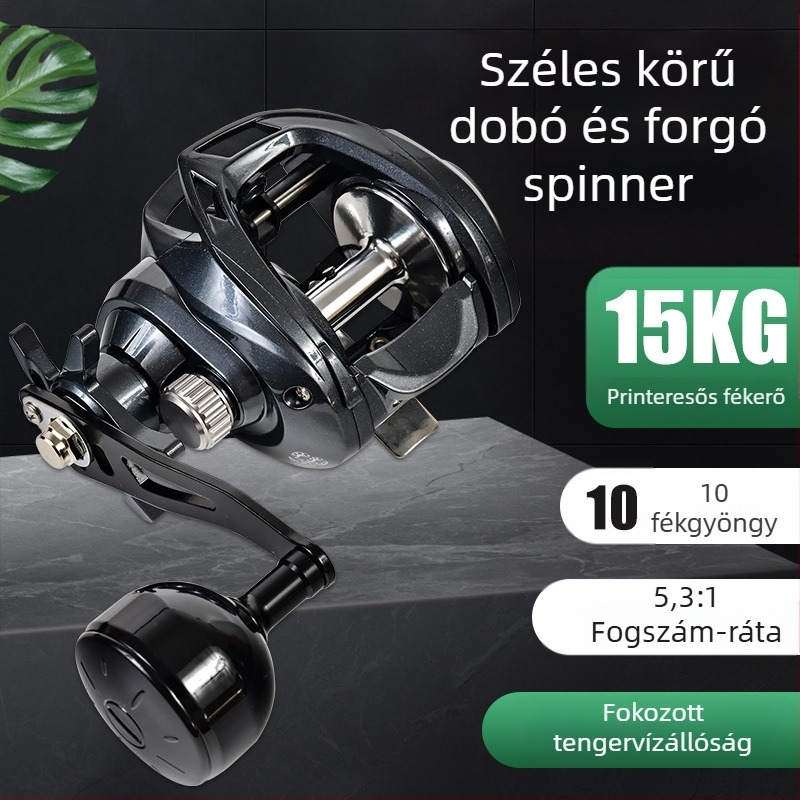 Távolsági dobós horgászorsó, könnycsepp formájú testéssel, nagy damilkapacitás, sós vízálló, fém orsó és alap