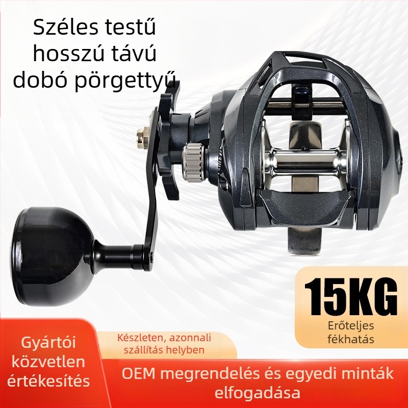 Távolsági dobós horgászorsó, könnycsepp formájú testéssel, nagy damilkapacitás, sós vízálló, fém orsó és alap