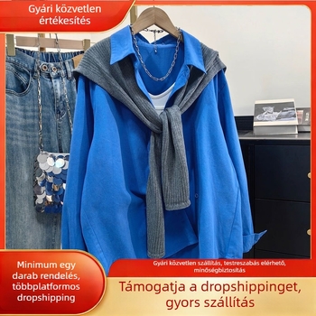Őszi–tavaszi új, egyszínű laza szabású nagyméretű ing polo gallérral és sállal – két darabos készlet, elegáns üzleti stílus