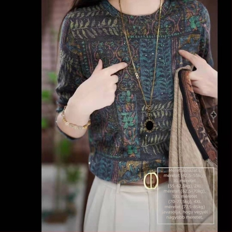 Kapucnis hosszú ujjú T‑shirt növény mintával, poliészter 90–95%, kerek nyak, lezser stílus