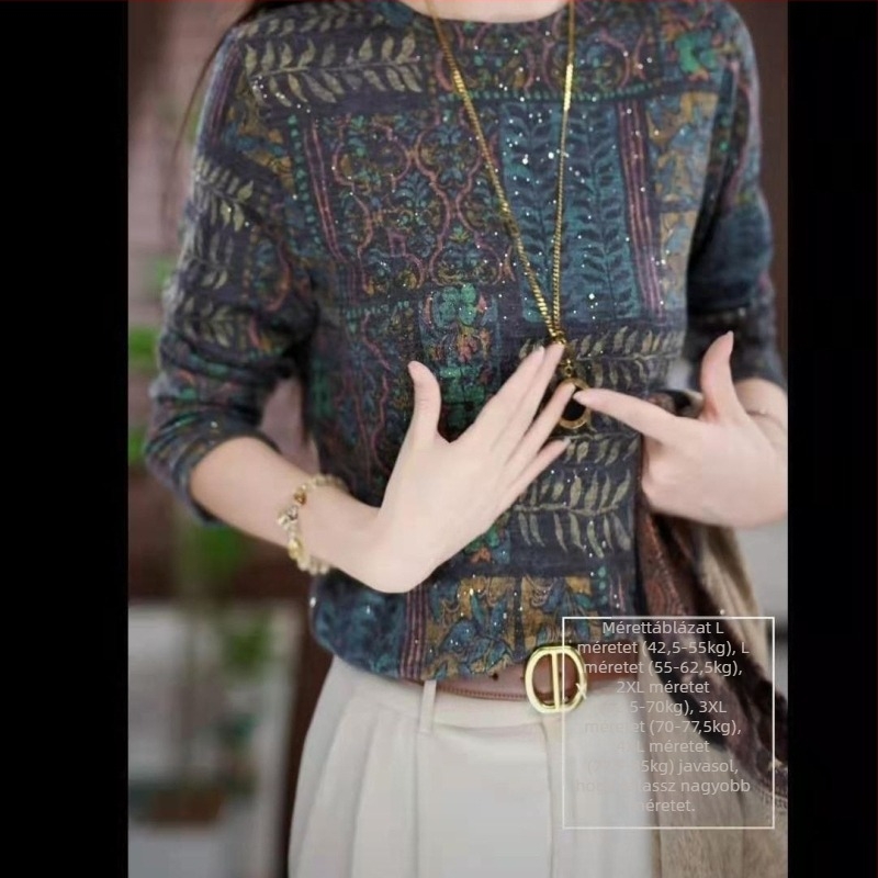 Kapucnis hosszú ujjú T‑shirt növény mintával, poliészter 90–95%, kerek nyak, lezser stílus