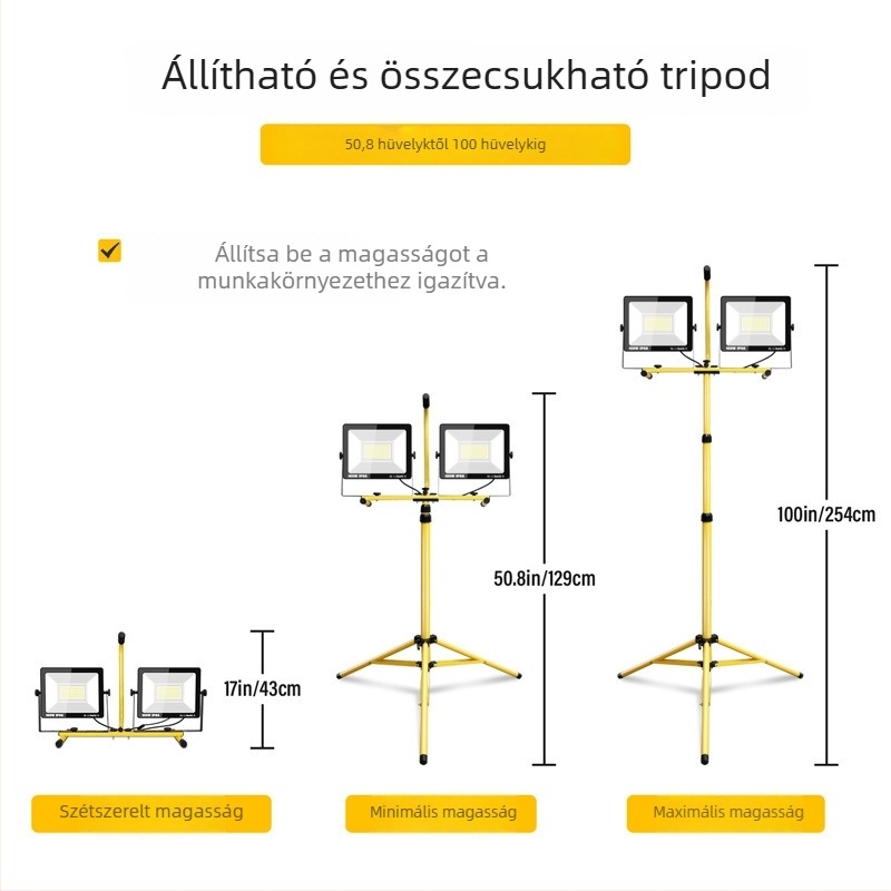 Hordozható LED munka világítás háromlábú állvánnyal, 100W, 220V, IP66, 120° fénysugár