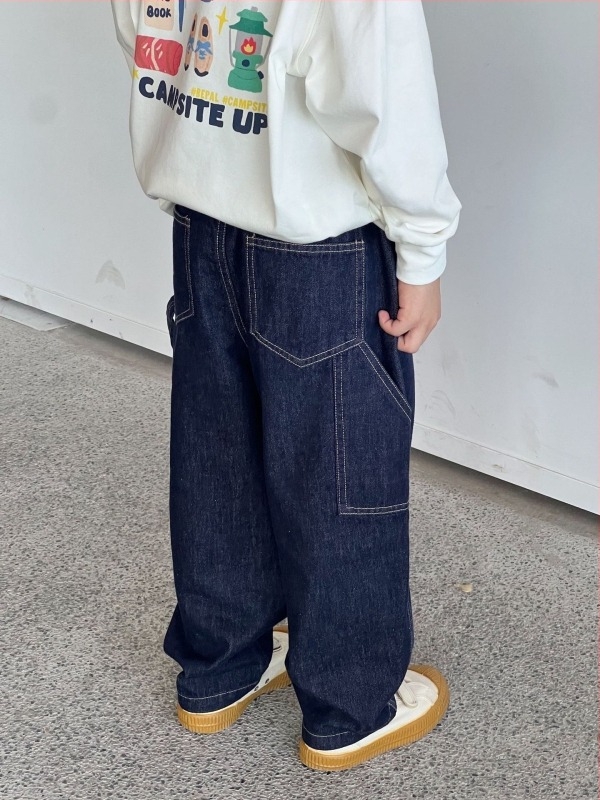 25SS őszi gyerekeknek szóló eredeti színű farmernadrág látható varrással, divatos gyermek denim