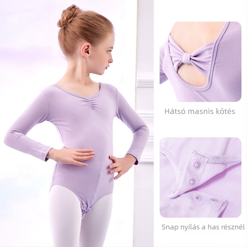 Gyerekeknek szóló hosszú ujjú tánc egyrészes ruha, hercegnő stílus, 93,2% pamut, edzésre, tavasz–ősz