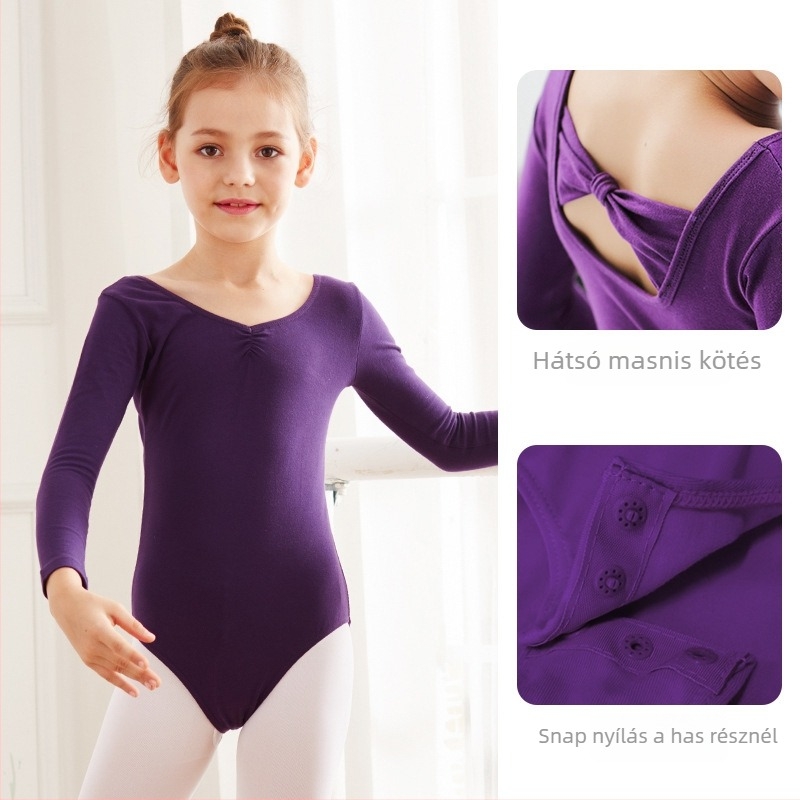 Gyerekeknek szóló hosszú ujjú tánc egyrészes ruha, hercegnő stílus, 93,2% pamut, edzésre, tavasz–ősz