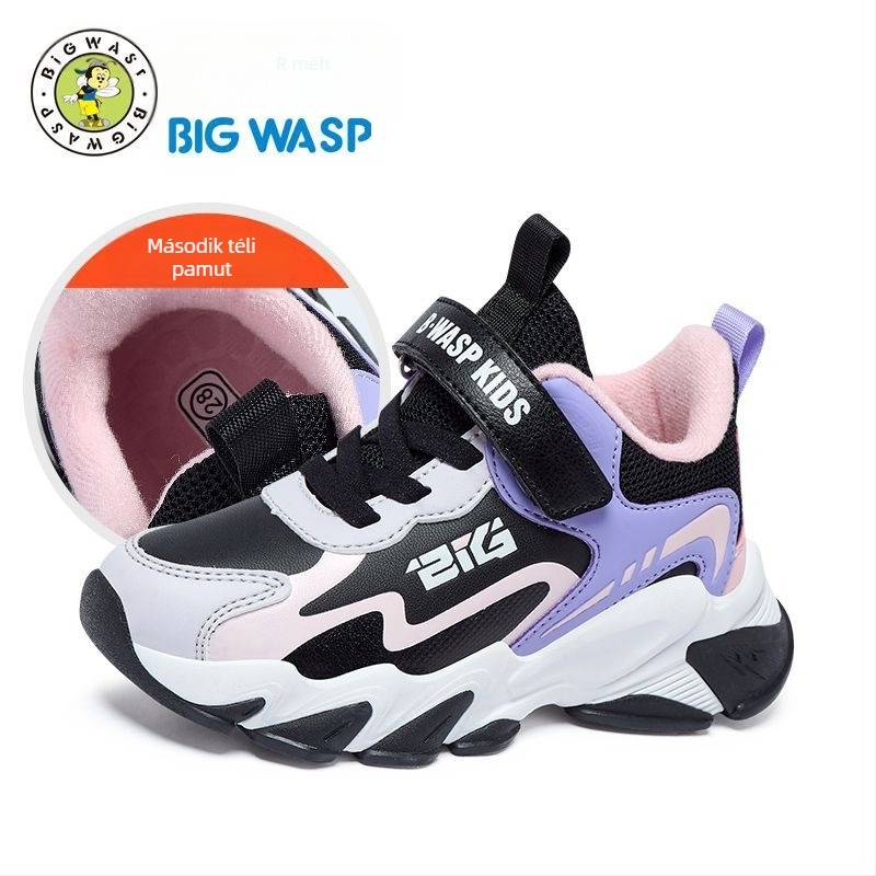 Uniszex gyerek kosárlabda cipő Bumblebee, téli stílus, Velcro-zárás, műbőr felsőrész, csíkos minta, EVA talp, vastagított talp