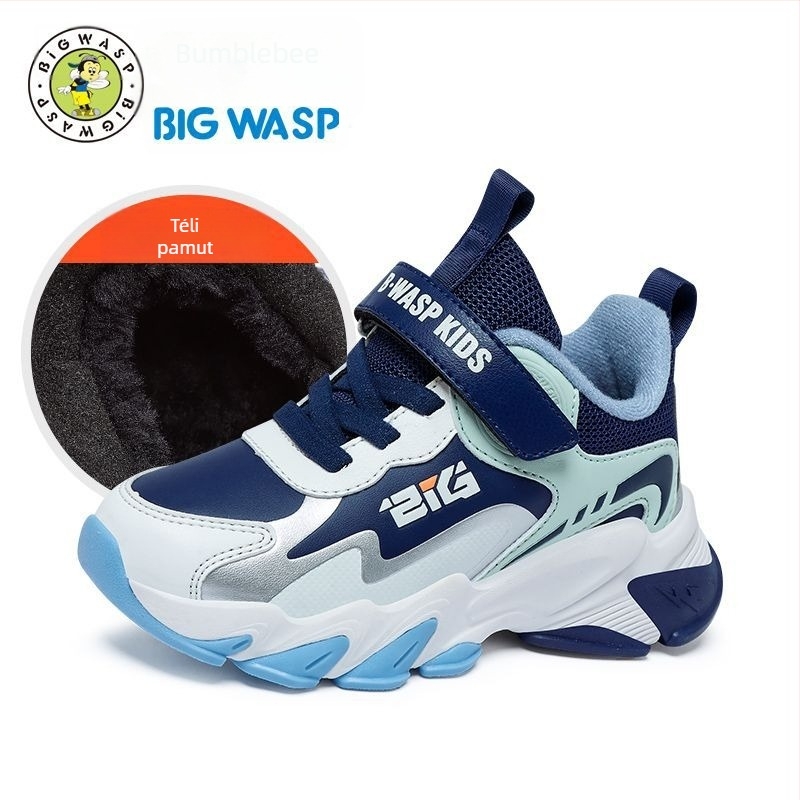 Uniszex gyerek kosárlabda cipő Bumblebee, téli stílus, Velcro-zárás, műbőr felsőrész, csíkos minta, EVA talp, vastagított talp