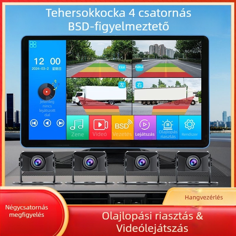 Kamion – Minden az egyben járműhöz rögzített kijelző DVR-rel, 4-utas megfigyelés, 24V, 1080p, 160°, érintőképernyő, hátrameneti kép