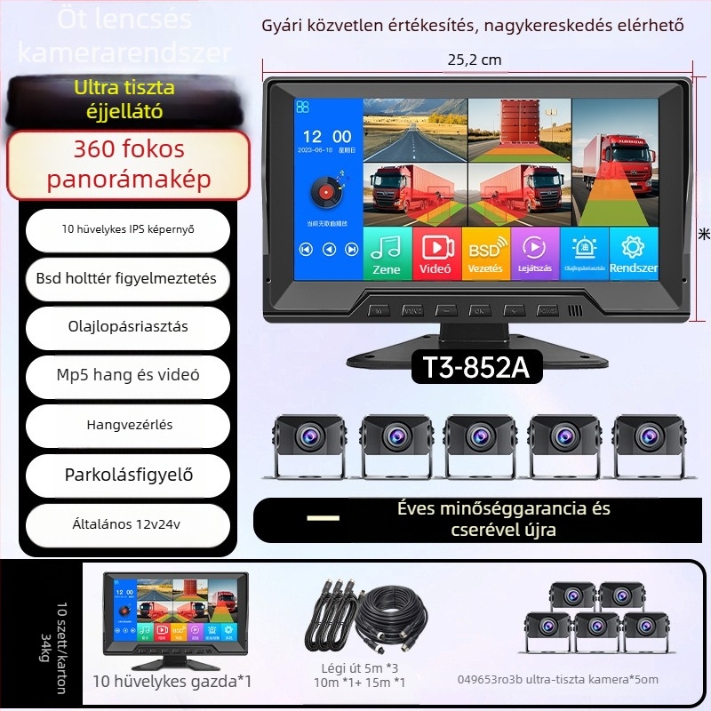 Kamion – Minden az egyben járműhöz rögzített kijelző DVR-rel, 4-utas megfigyelés, 24V, 1080p, 160°, érintőképernyő, hátrameneti kép