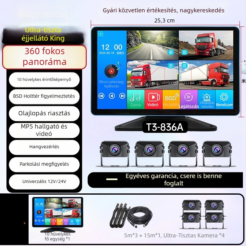 Kamion – Minden az egyben járműhöz rögzített kijelző DVR-rel, 4-utas megfigyelés, 24V, 1080p, 160°, érintőképernyő, hátrameneti kép