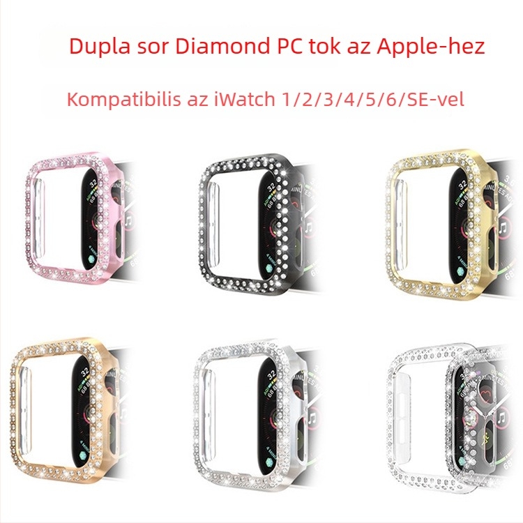 Apple Watch S10/SE védőtok – dupla sor gyémánt-díszítés, elektroplattalt PC héj