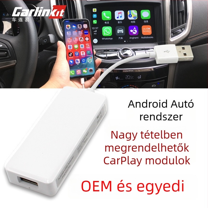 Autóhifi modul Android Auto és Apple CarPlay navigációhoz (5V tápegység, 0,4W teljesítmény, ABS ház, USB csatlakozás, kompatibilis módosított Android kijelzőkkel)
