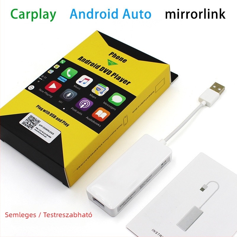 Autóhifi modul Android Auto és Apple CarPlay navigációhoz (5V tápegység, 0,4W teljesítmény, ABS ház, USB csatlakozás, kompatibilis módosított Android kijelzőkkel)