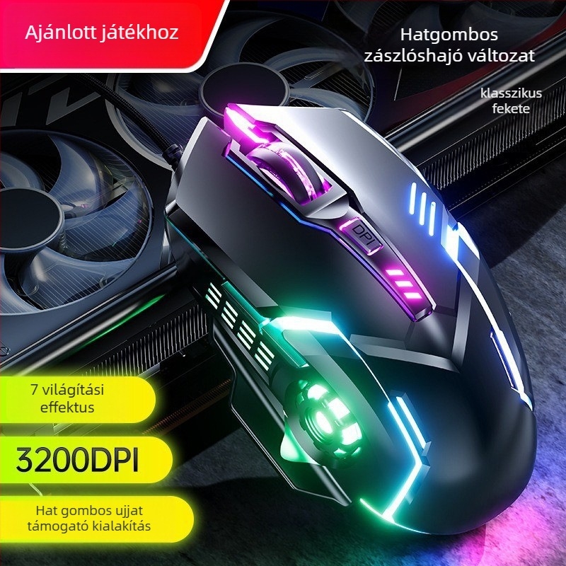 6-gombos vezetékes gaming egér, USB, 3000 DPI, állítható DPI, ergonikus kialakítás, 4-irányú görgő