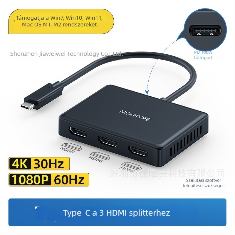 Type-C Dual HDMI dokkolóállomás, 1–2 HDMI kimenet, 21Gbps adatátvitel, 0,2 m kábel