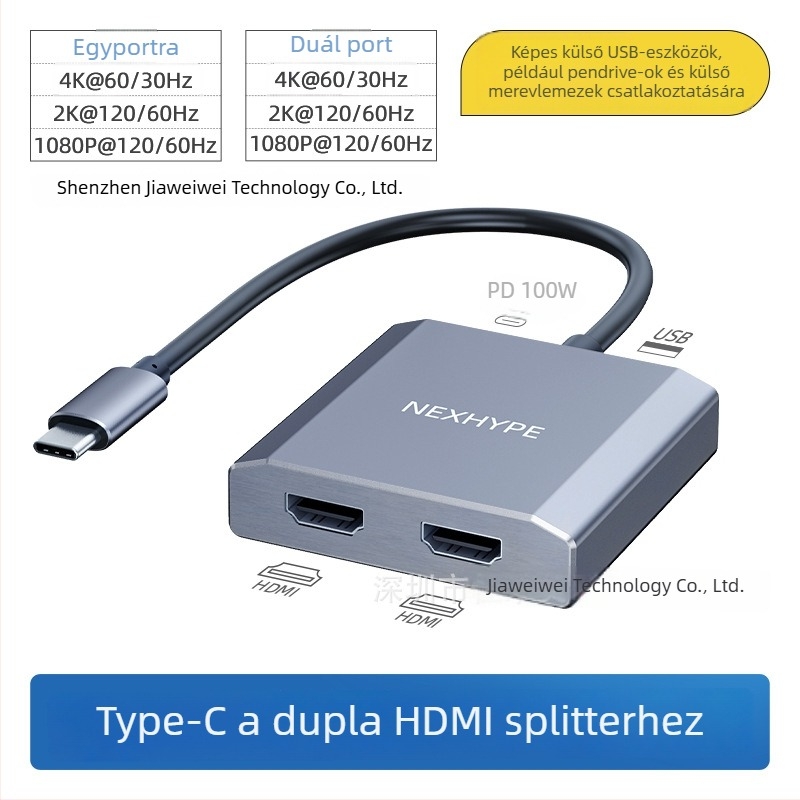 Type-C Dual HDMI dokkolóállomás, 1–2 HDMI kimenet, 21Gbps adatátvitel, 0,2 m kábel