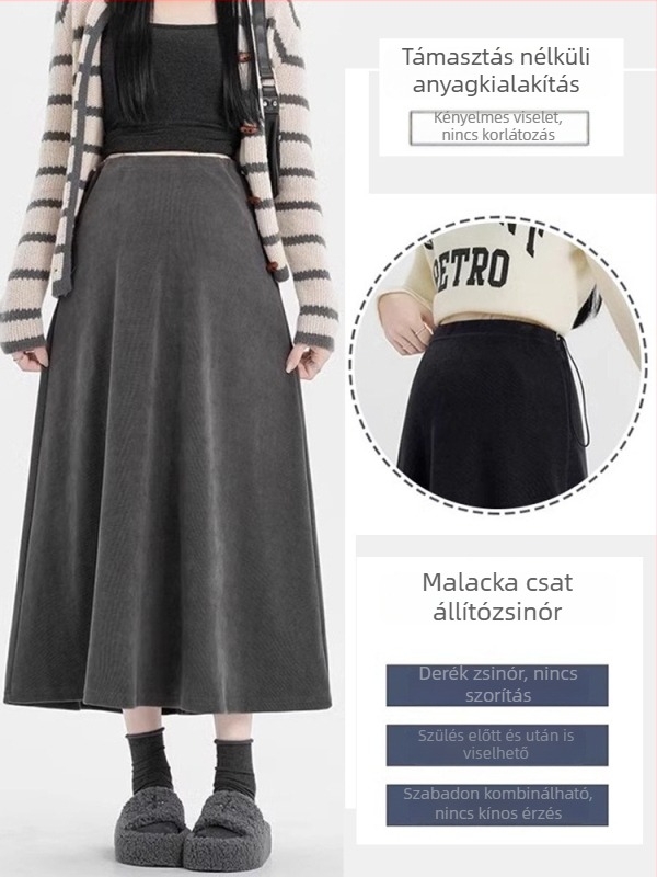 Kismama A-vonalú midi szoknya tavasz-őszre, nagy méret, pocaktámasz nélkül
