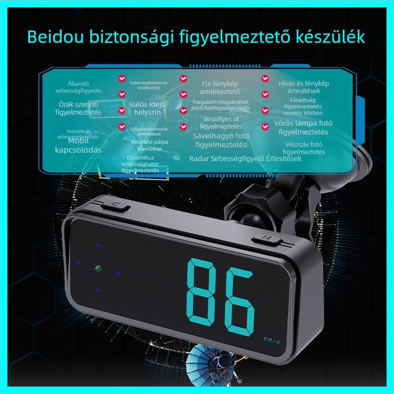 Autó HUD kijelző radar-detektoros hangriasztásokkal, GPS iránytű és sebességmérő; Modell V12, ABS, USB-tápellátás, súly 120 g