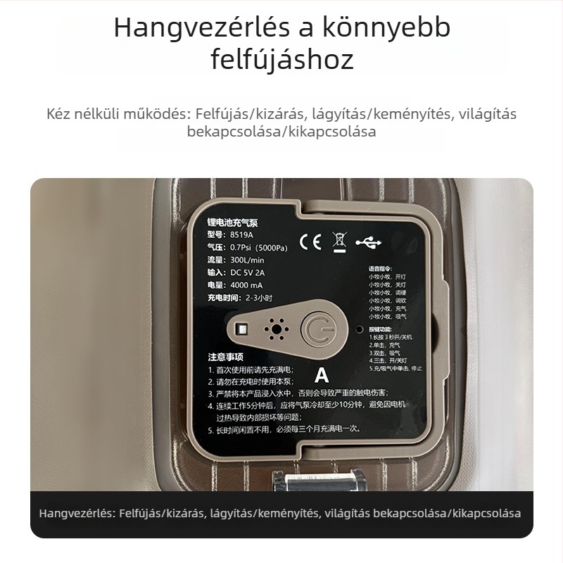 Hátsó üléshez tartó autó felfújható ágy HM8519 | Környezetbarát PVC | Automatikus felfújás | AI hangvezérlés | Maximális teherbírás 300 kg