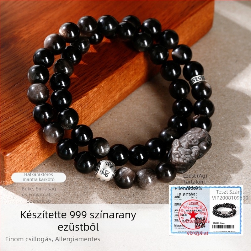 Objидиán kettős rétegű karkötő 999 ezüst díszítéssel, hat karakteres mottó, uniszex dizájn