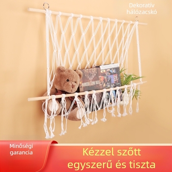 Kézzel szövött pamut kötél játékháló, falidísz bohémi stílusban, nordic hatású tárolóháló, téglalap alakú