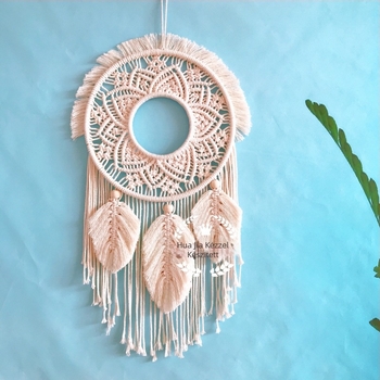 Makrame Dream Catcher falidísz - kézzel kötött gyapotkötél, kör alak, levélmintázat, skandináv stílus