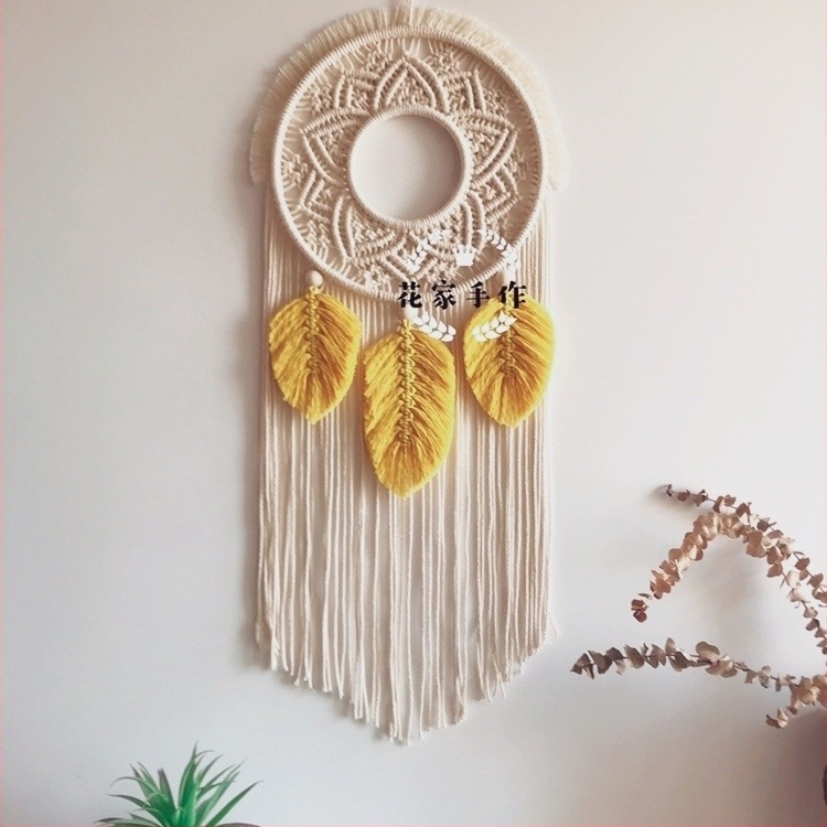 Makrame Dream Catcher falidísz - kézzel kötött gyapotkötél, kör alak, levélmintázat, skandináv stílus