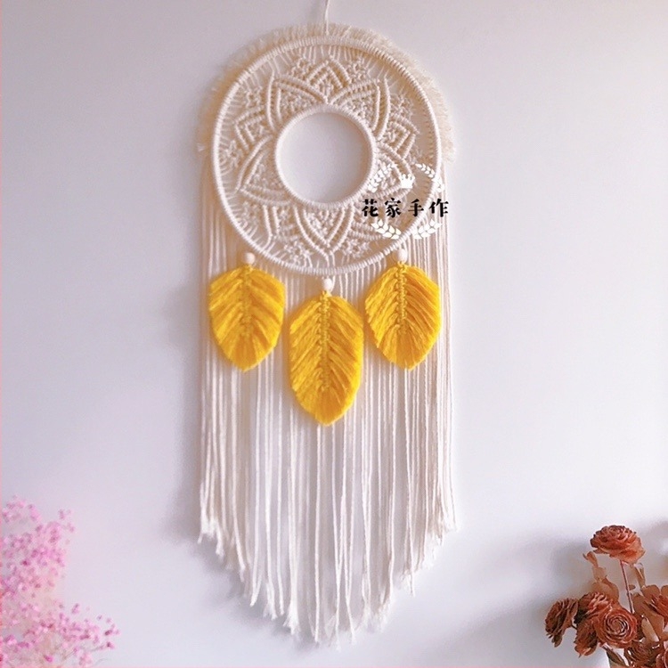 Makrame Dream Catcher falidísz - kézzel kötött gyapotkötél, kör alak, levélmintázat, skandináv stílus