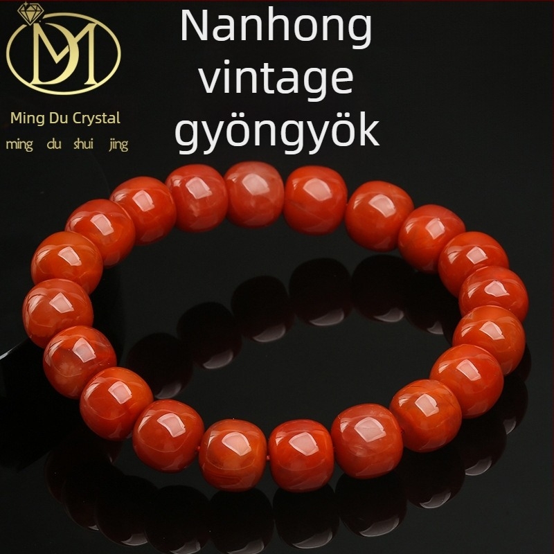Mingdu Crystal Természetes Déli Vörös Achát Karkötő Hengeres Gyöngyökkel, Antik Stílus