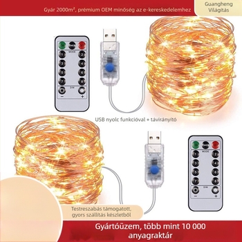 Rézdrótos LED-sor távirányítóval - 100 LED, 5V bemenet, USB táplálás, IP65 védelem, 4000 lm