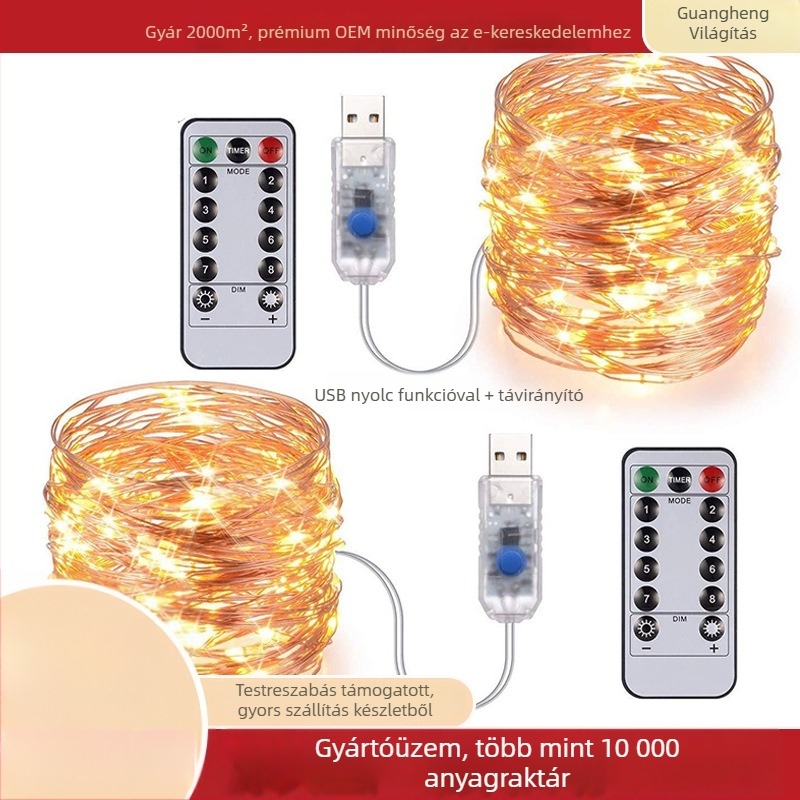Rézdrótos LED-sor távirányítóval - 100 LED, 5V bemenet, USB táplálás, IP65 védelem, 4000 lm