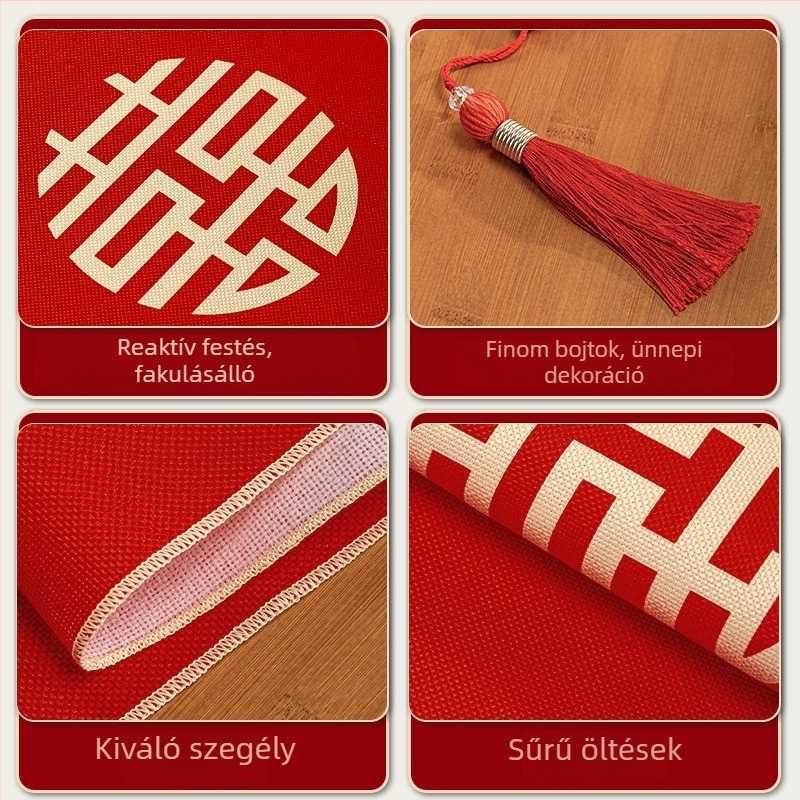 Vörös, hosszú asztali futó kínai stílusú esküvői dekorációhoz