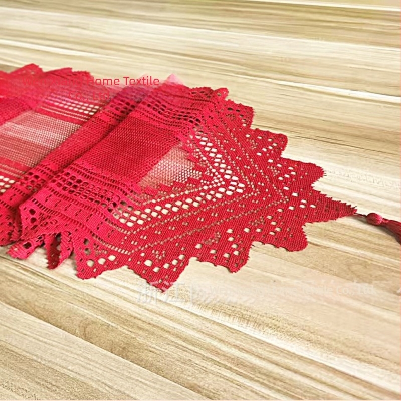 Európai stílusú tömör csipkés asztalterítő kávéasztalhoz, bézs, 33×114 cm, geometriai mintázat
