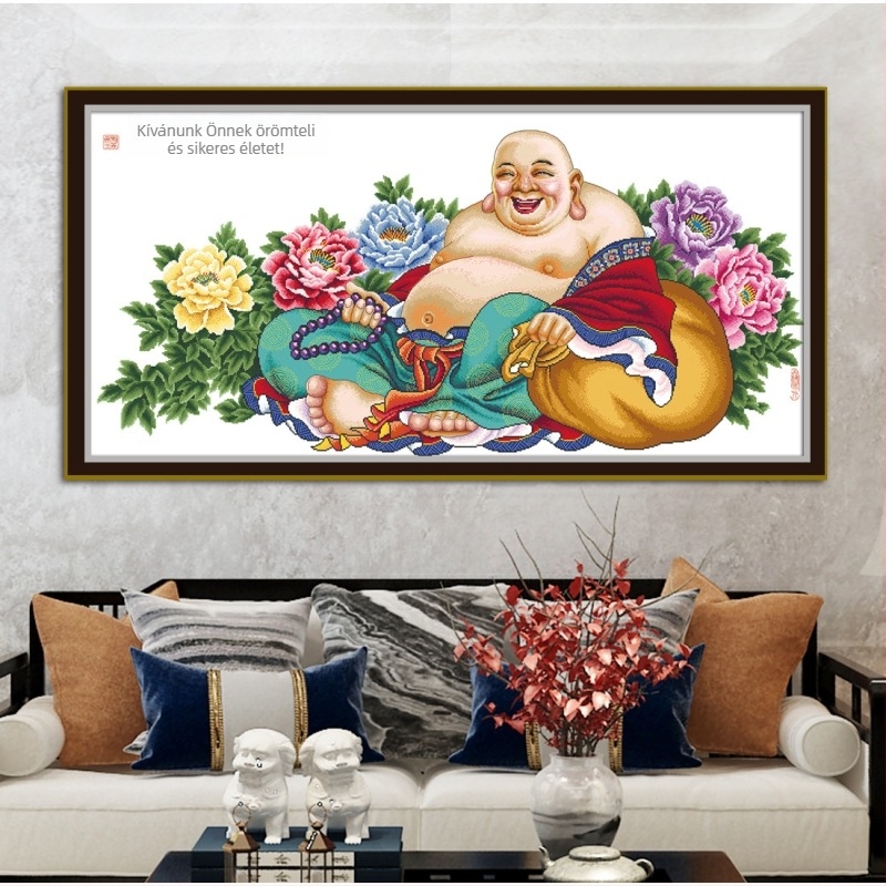 Maitreya Buddha: keresztszemes falikép, mosolygó Buddha, pamut anyagból készült hímzőkészlet nappali dekoráció