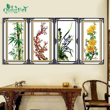 Qingfei 3D keresztszemes készlet nyomtatott anyagra: szilva virága, orchidea, bambusz és krizantéma — négy nemes, négy paneles függőleges dizájn