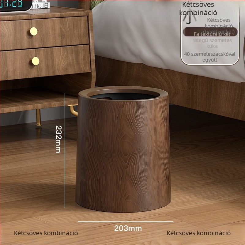 Középkori stílusú, fa textúra utánzatú kuka, kör alakú, pedálos fedéllel, 12 liter feletti kapacitás, otthoni, irodai és kereskedelmi használatra